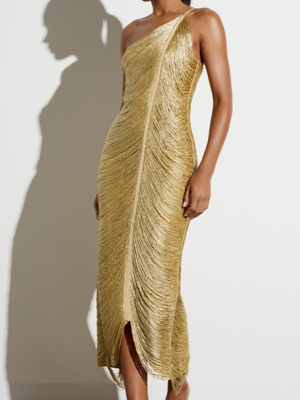 Gold One-Shoulder Metallic Fringe Women's Midi Bodycon Asymmetric Evening Gown